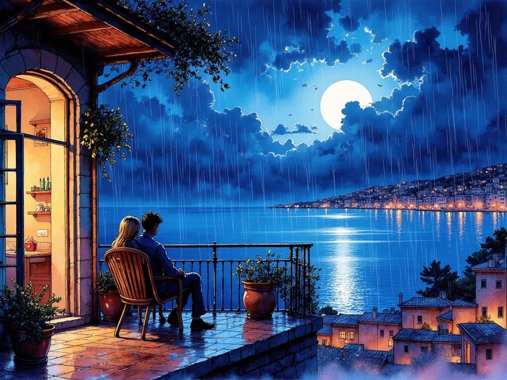 Rainy Night Balcony View in Palma de Mallorca