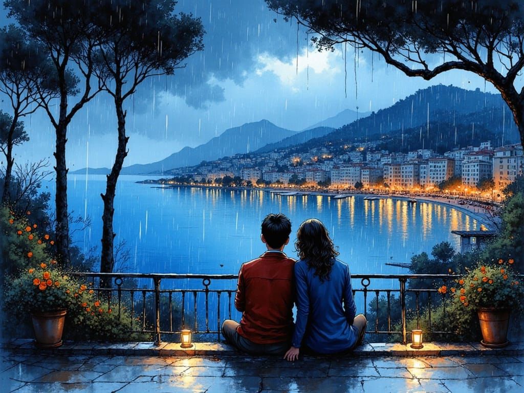 Romantic Rainy Night Balcony Overlooking Mediterranean Sea