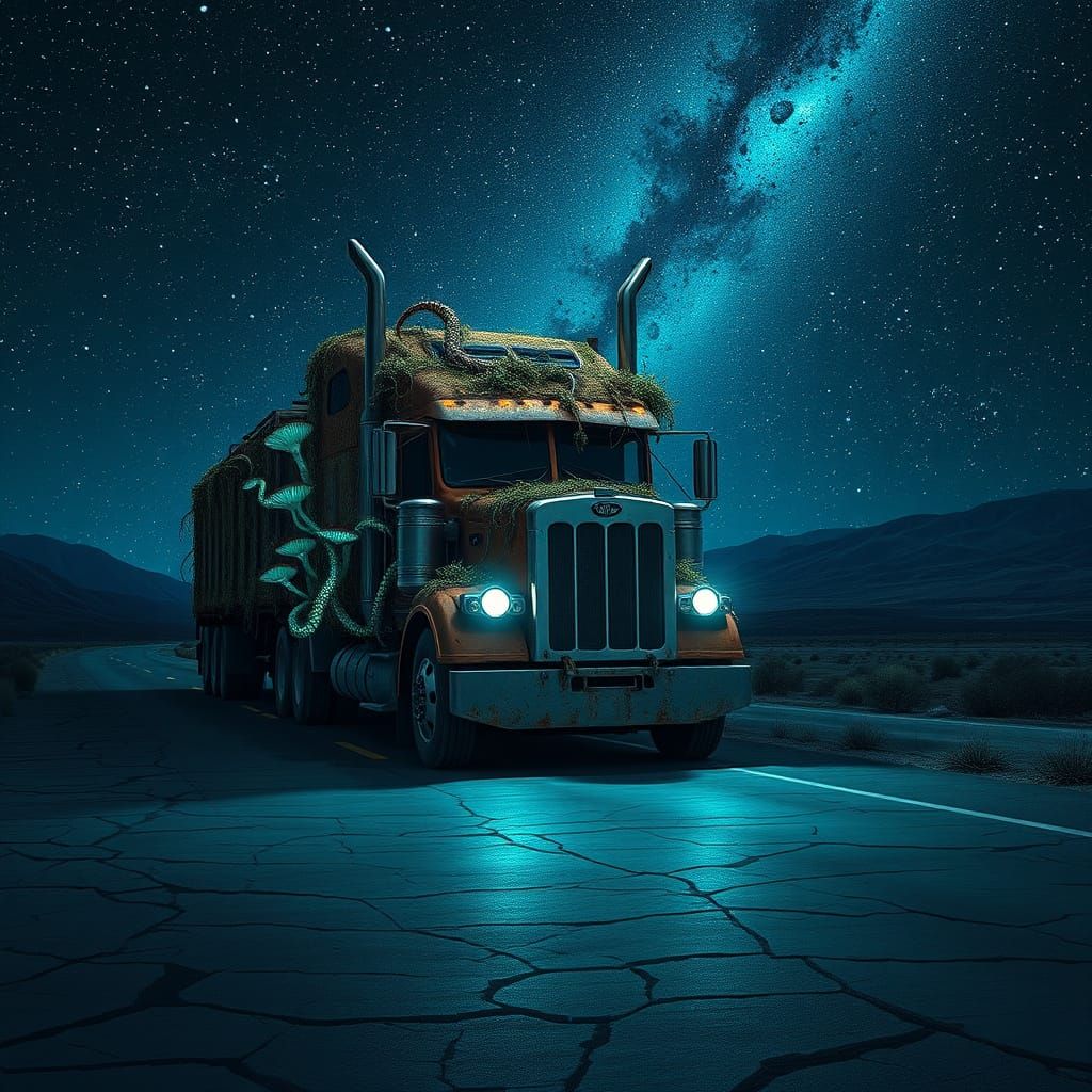 A dark night and a sinister semi-truck.
