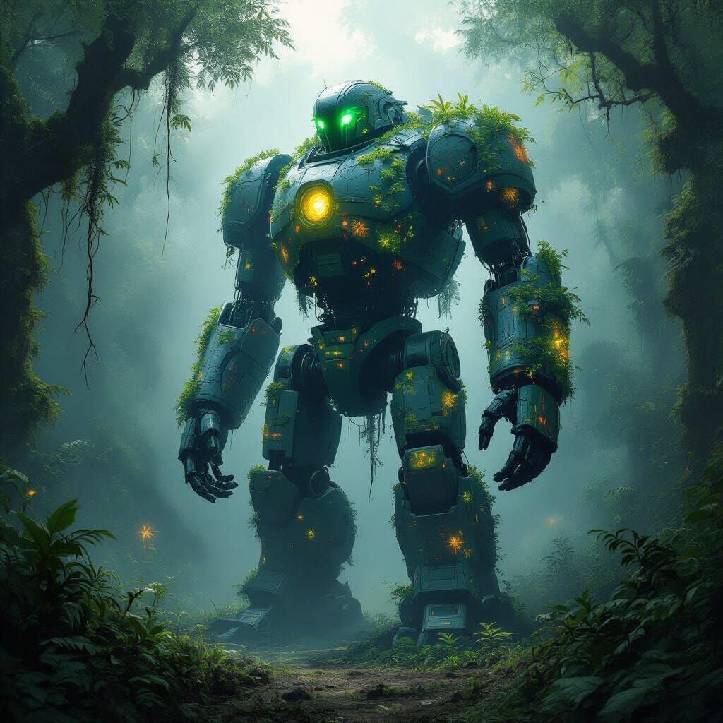 Ancient Robot in Bioluminescent Jungle Clearing