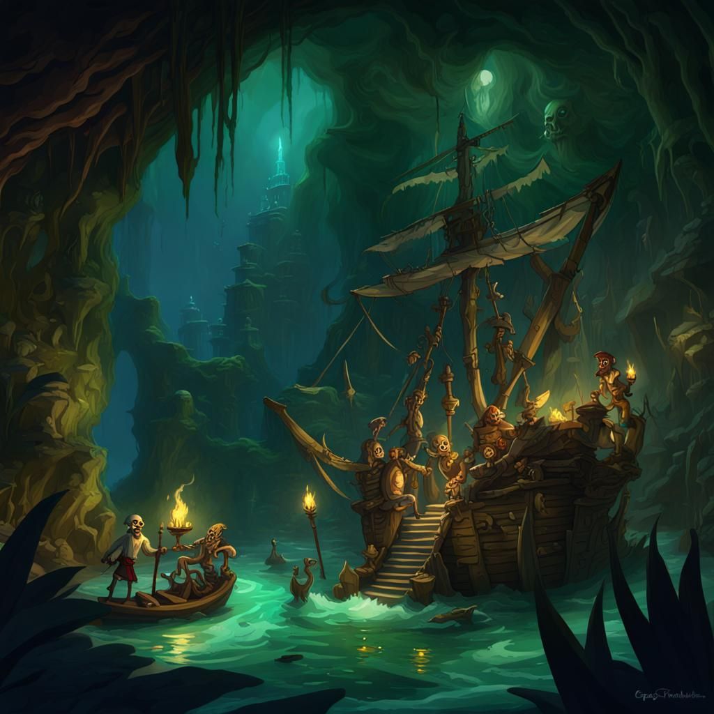 Monkey Island Pirate Cave with Ghost Ship