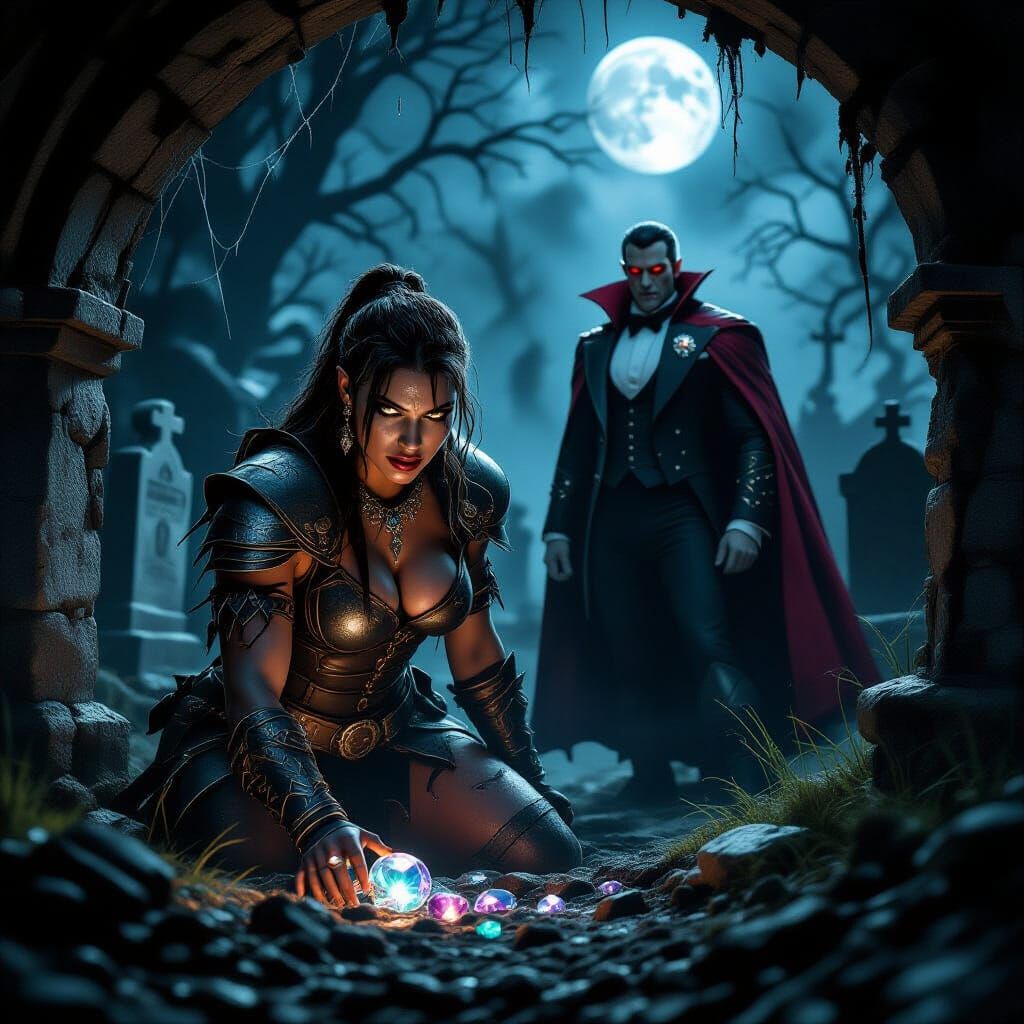 Barbarian Woman Steals Gems from Dracula in Gothic Graveyard