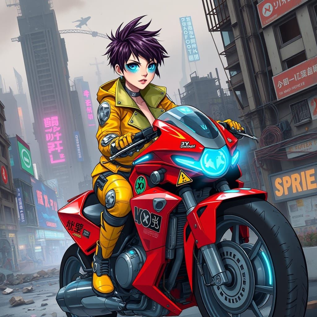 Cyberpunk Girl Rides High-Tech Motorcycle Through Ruined Cit...