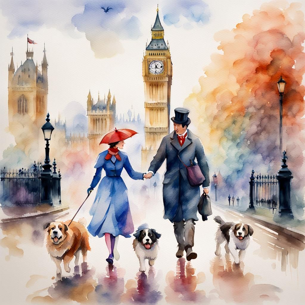 Mary Poppins Walks Near Big Ben: Watercolor Painting