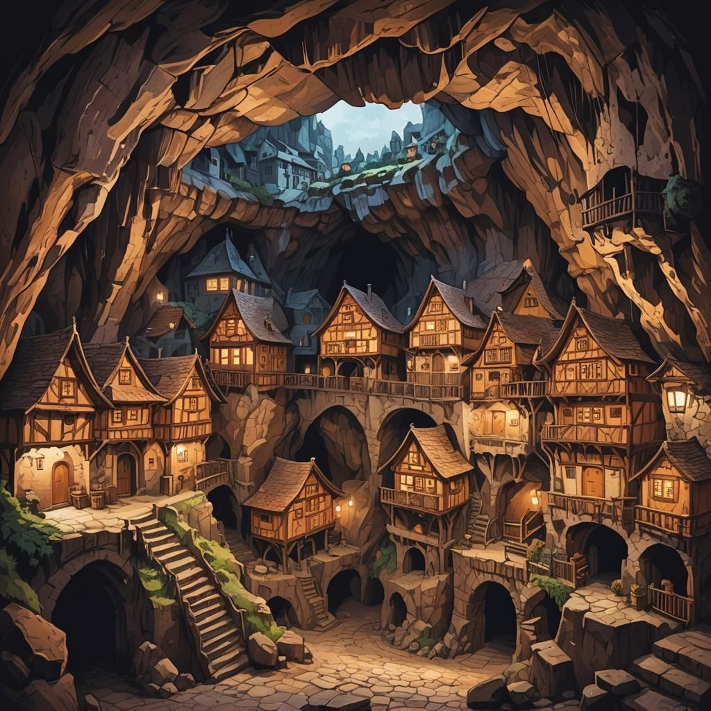 Underground City in Gloomy Cavern with Timber Houses