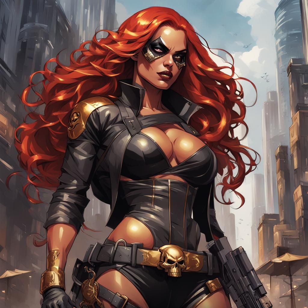 Marvel-Style Villainess in Dystopian City, Hyperdetailed Por...