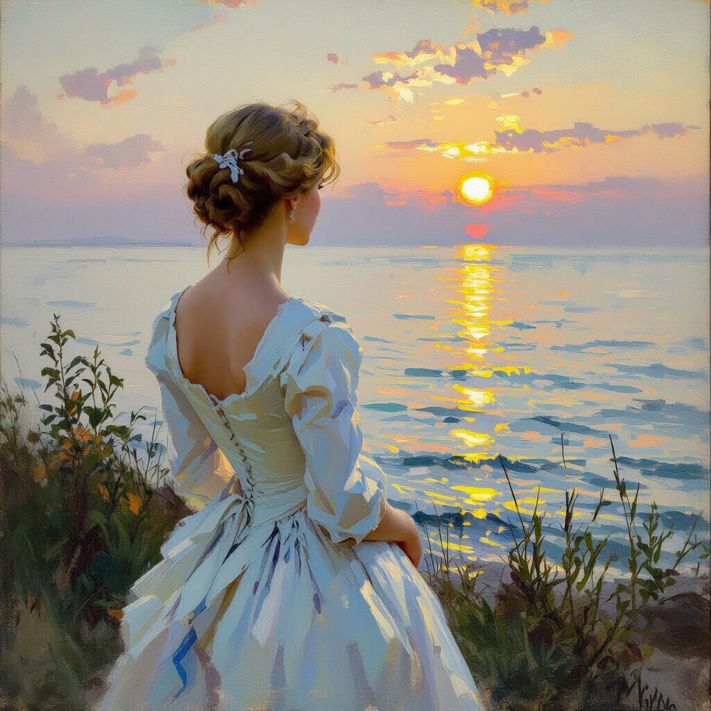 Girl Watching Sunrise in Realist Style
