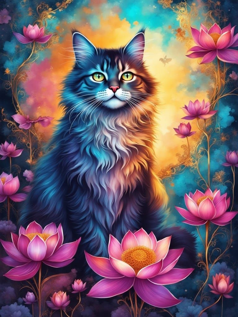 Whimsical Norwegian Forest Cat in Acrylic Drip Paint Style