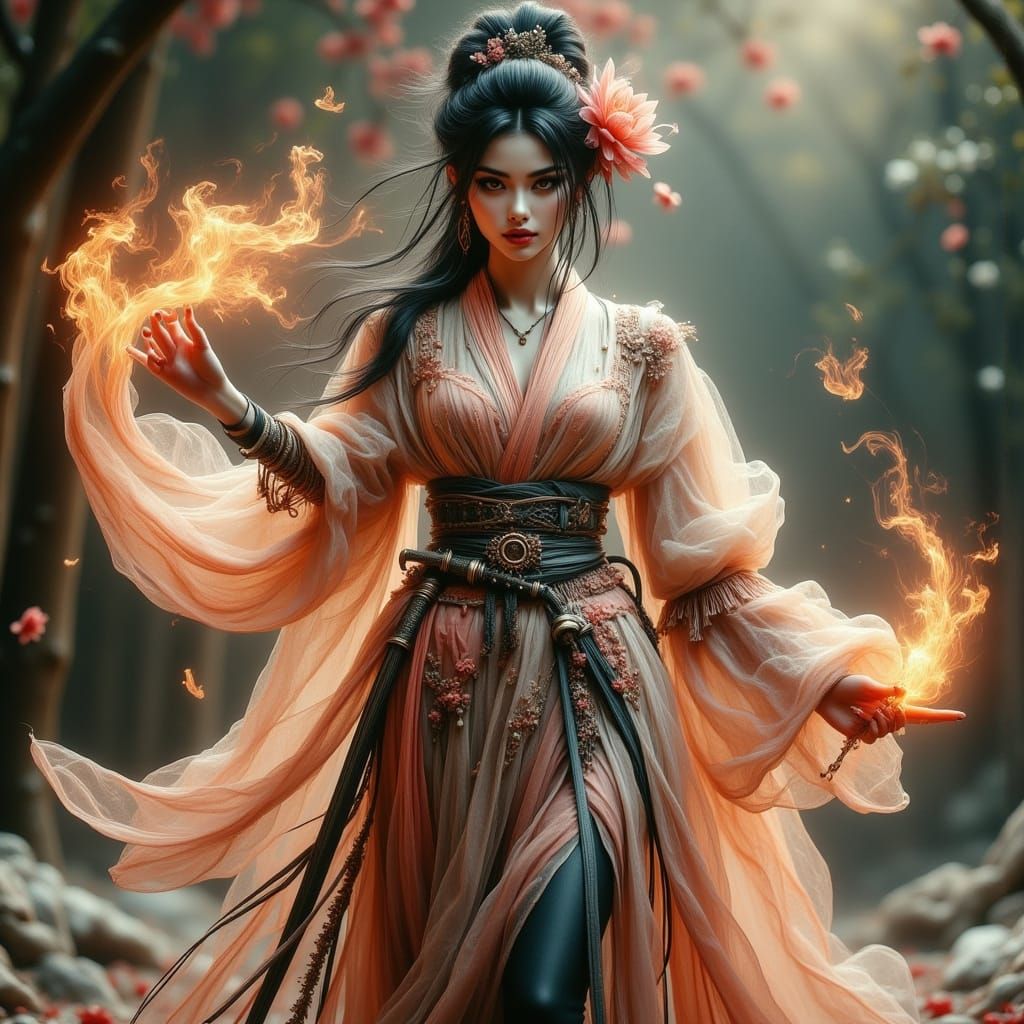 Steampunk Geisha in Elegant Low Stance