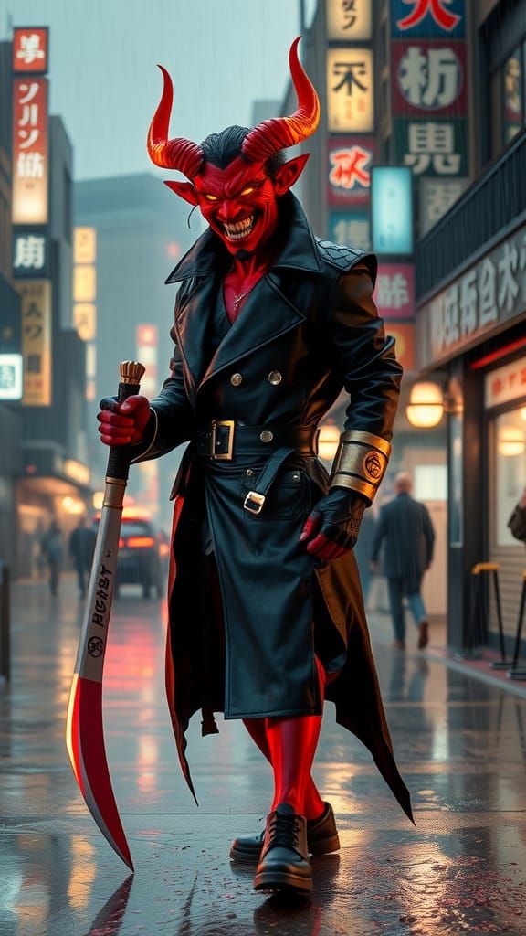 Oni Smiles in Rainy Tokyo: Cyberpunk Style
