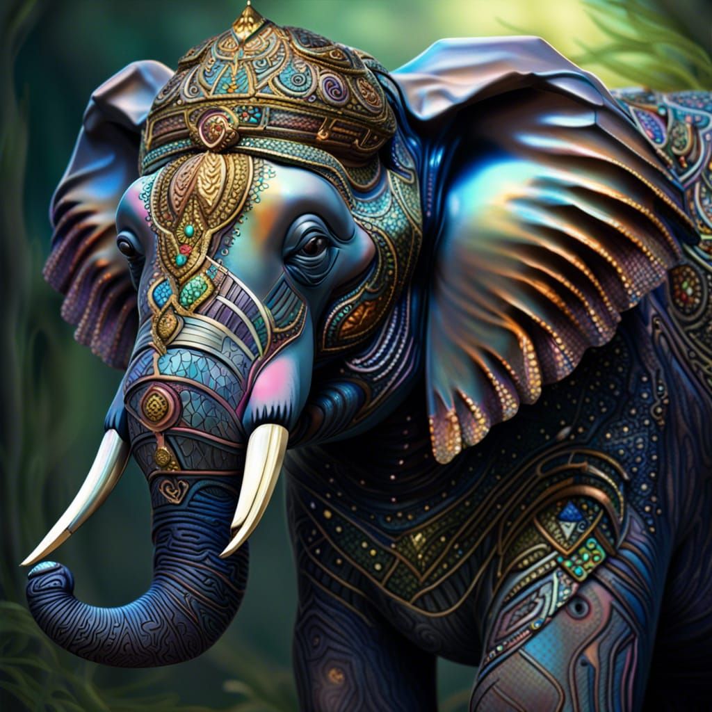 Prismatic Fantasy Elephant and Calf Illustration