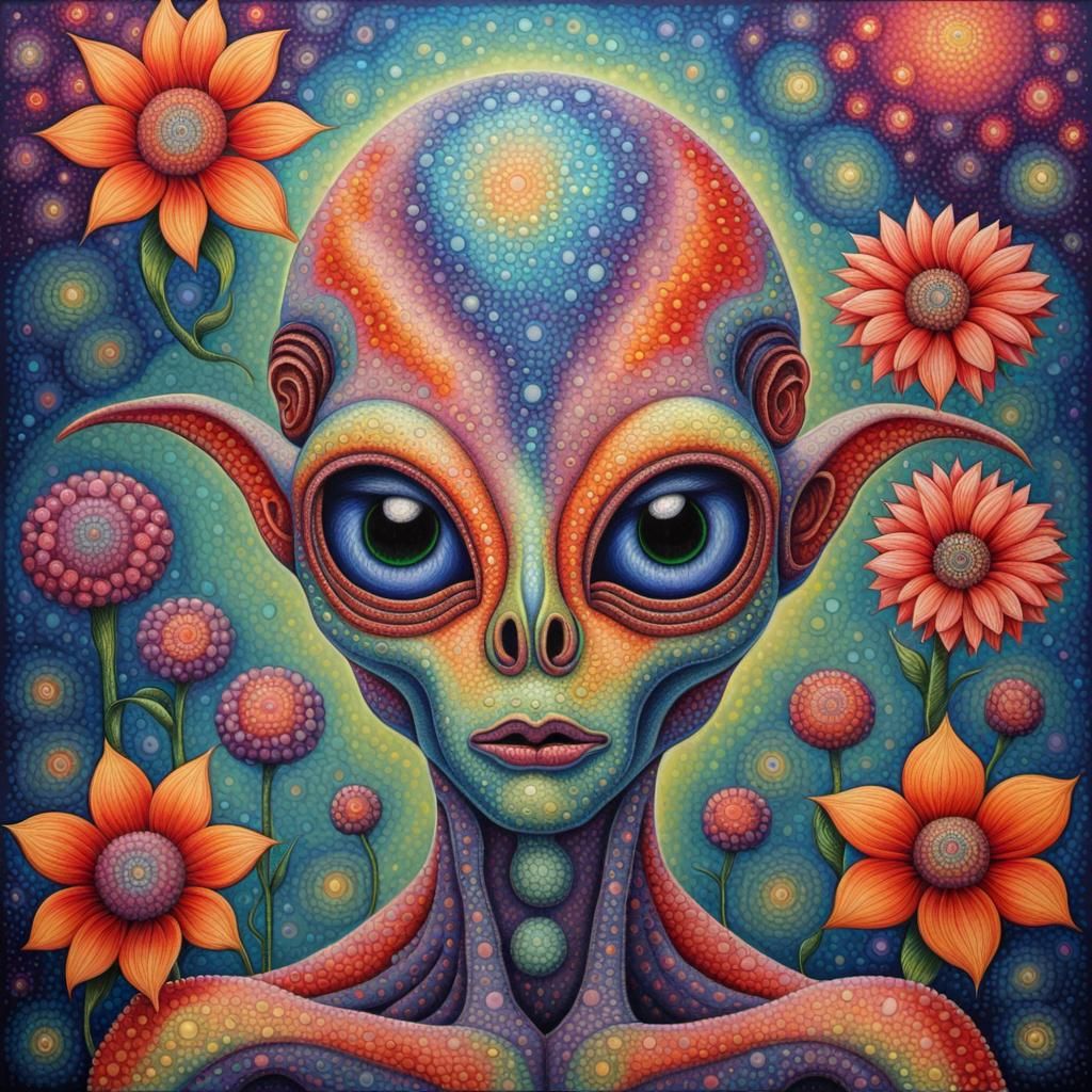 Iridescent Alien with Flowers in Pointillism Style