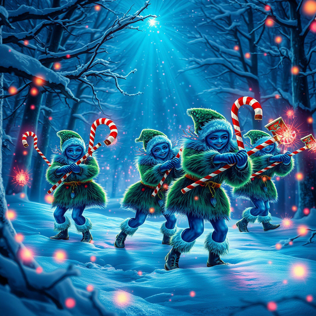Neon Christmas Elves Dance in Winter Wonderland