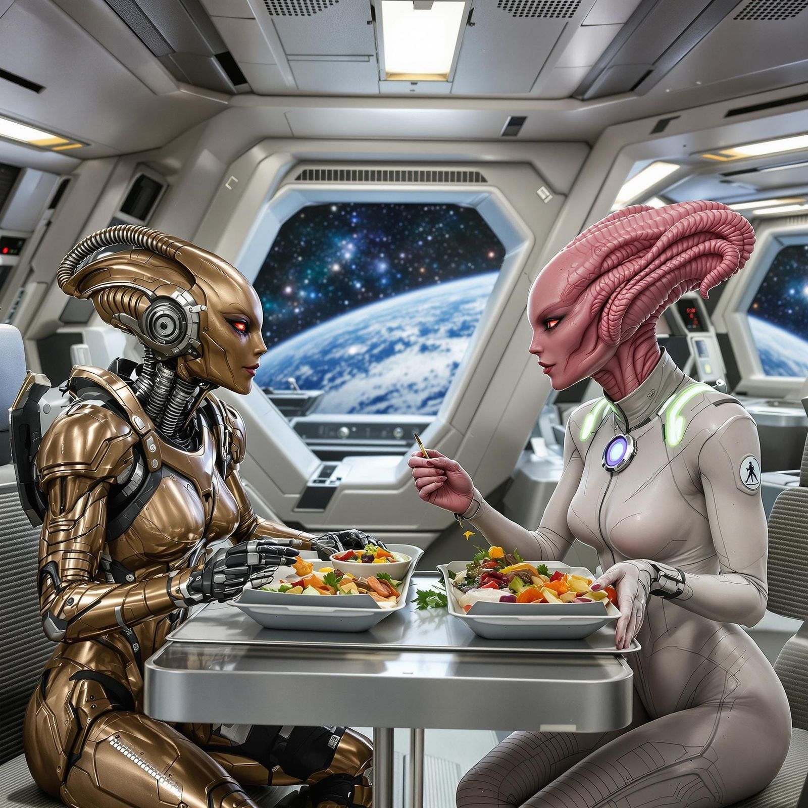 Two Alien Women Share a Meal on a Star Cruiser