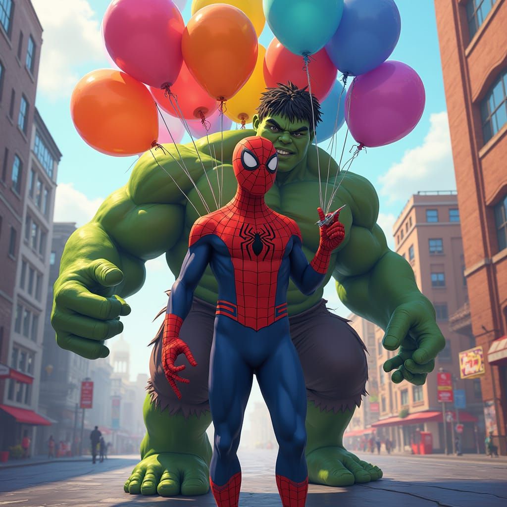 Spider-Man and Hulk with Balloons in Cityscape Art