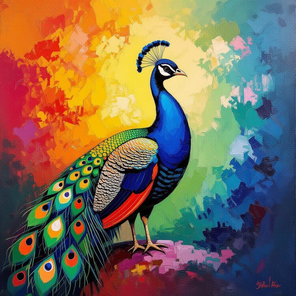 Vibrant Peacock Portrait in Fauvist Impasto Style