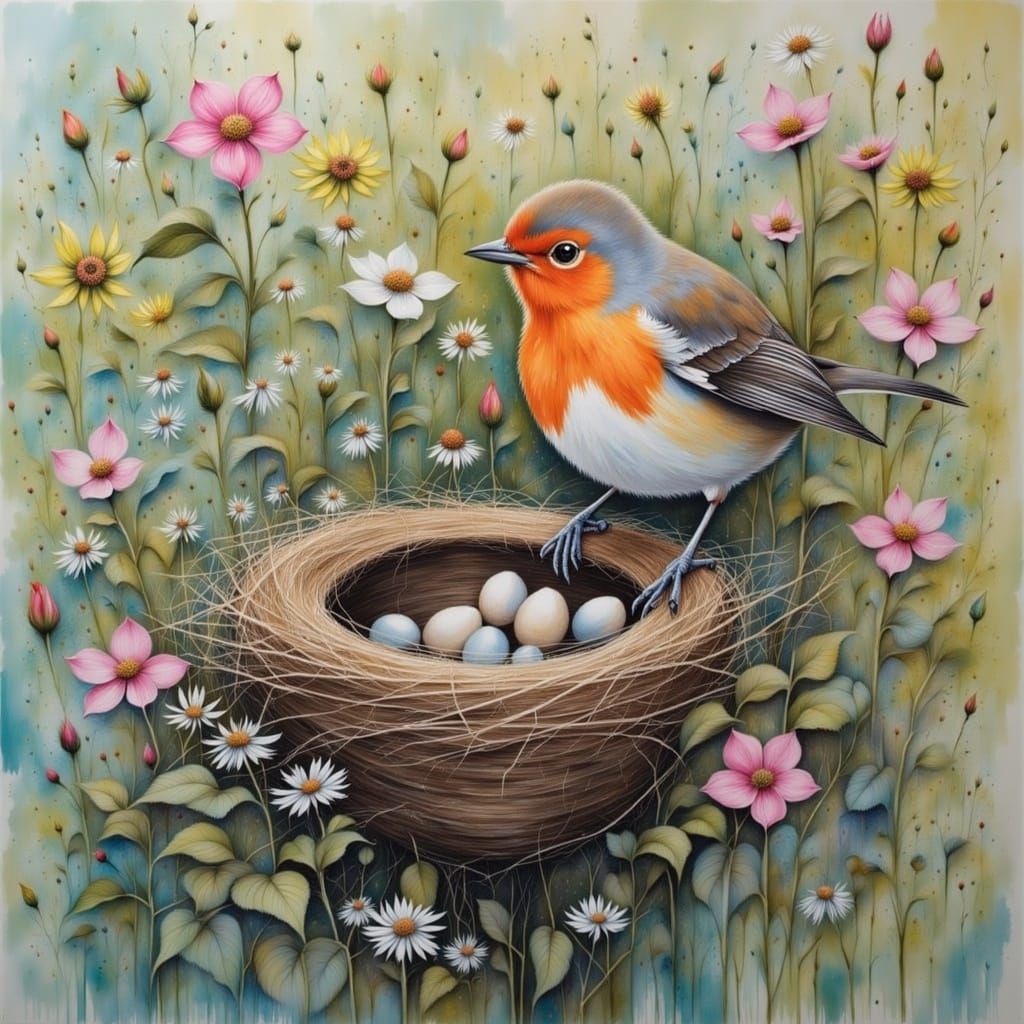 Bird on Nest in Hedge, Folk Art Style