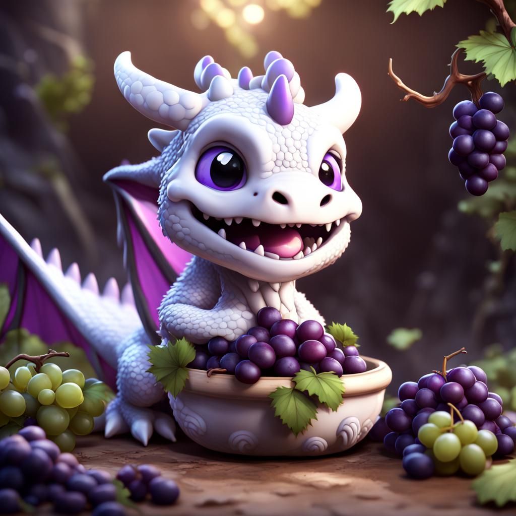 Chibi White Dragon Enjoys Purple Grapes
