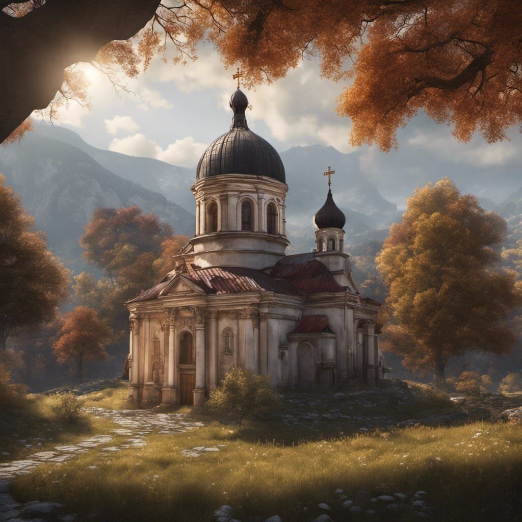 Serbian Orthodox Church Landscape: Detailed Matte Painting
