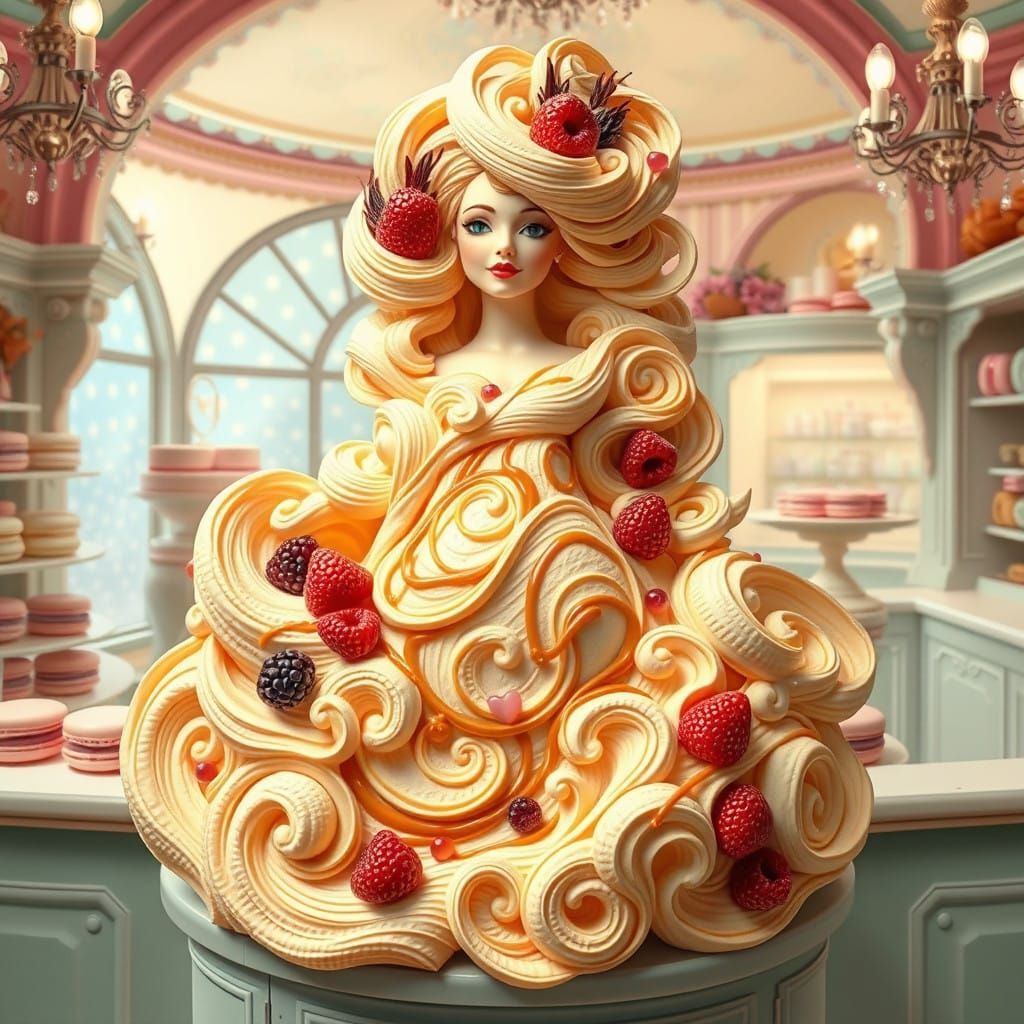 Surreal Dessert Goddess in Whimsical Pastry Shop
