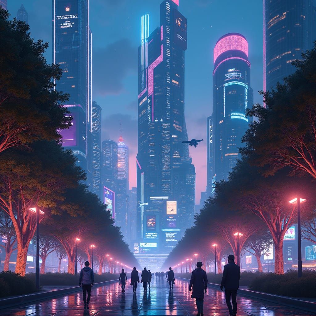 Futuristic Metropolis at Dusk with Neon Lights and Flying Ca...