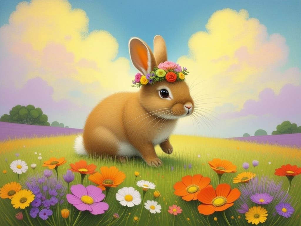 Bunny in Flower Meadow, Wildlife Art Style