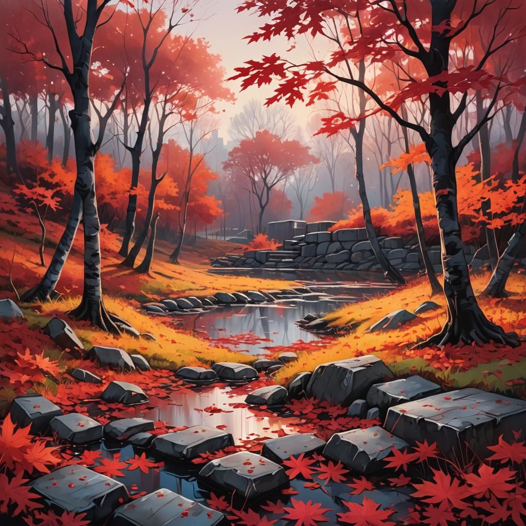 Red Autumn Sunrise Landscape in Graffiti Style