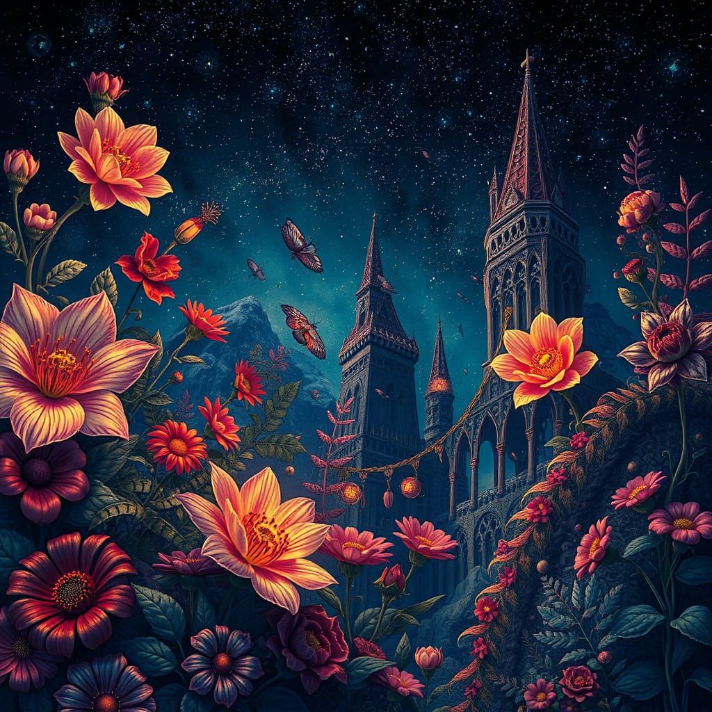 Mysterious Fairytale Scene Under Starry Night Sky