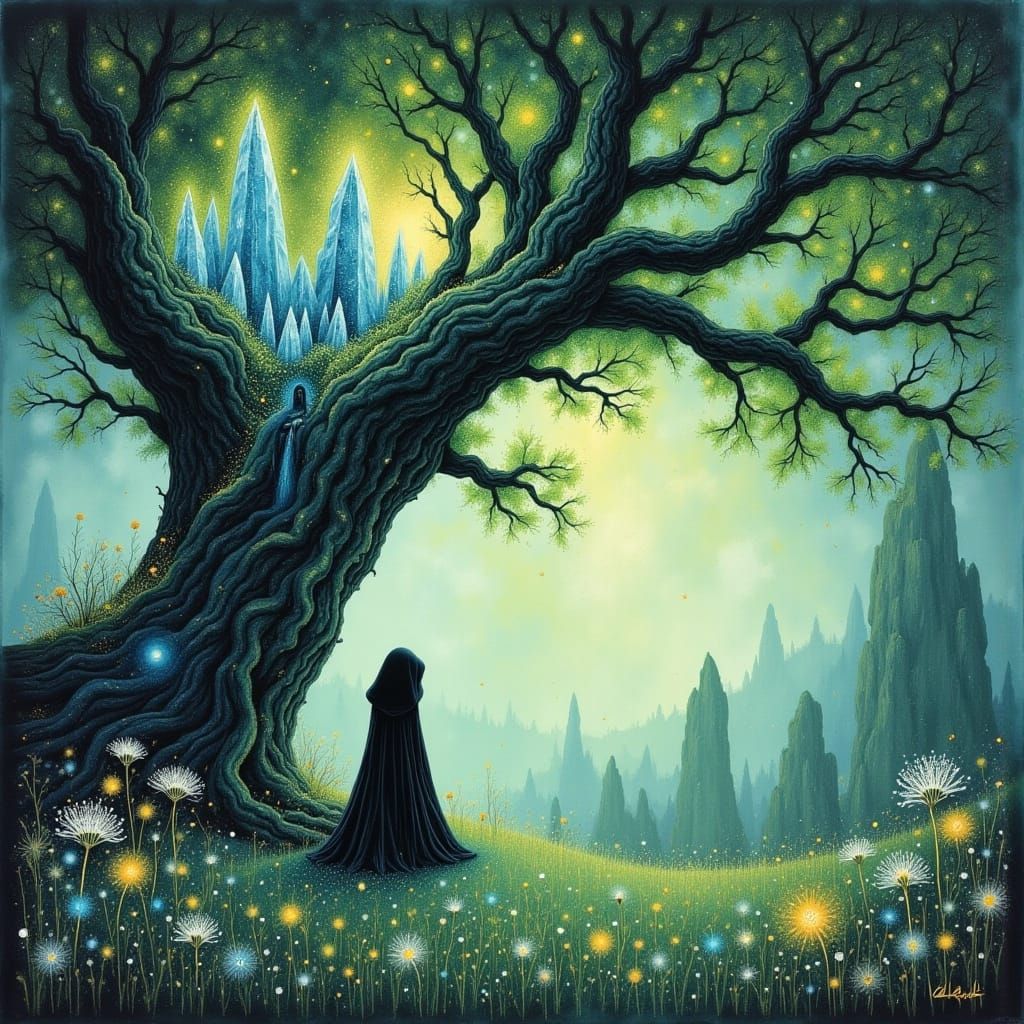Mystical Figure Before Ancient Tree with Glowing Flora