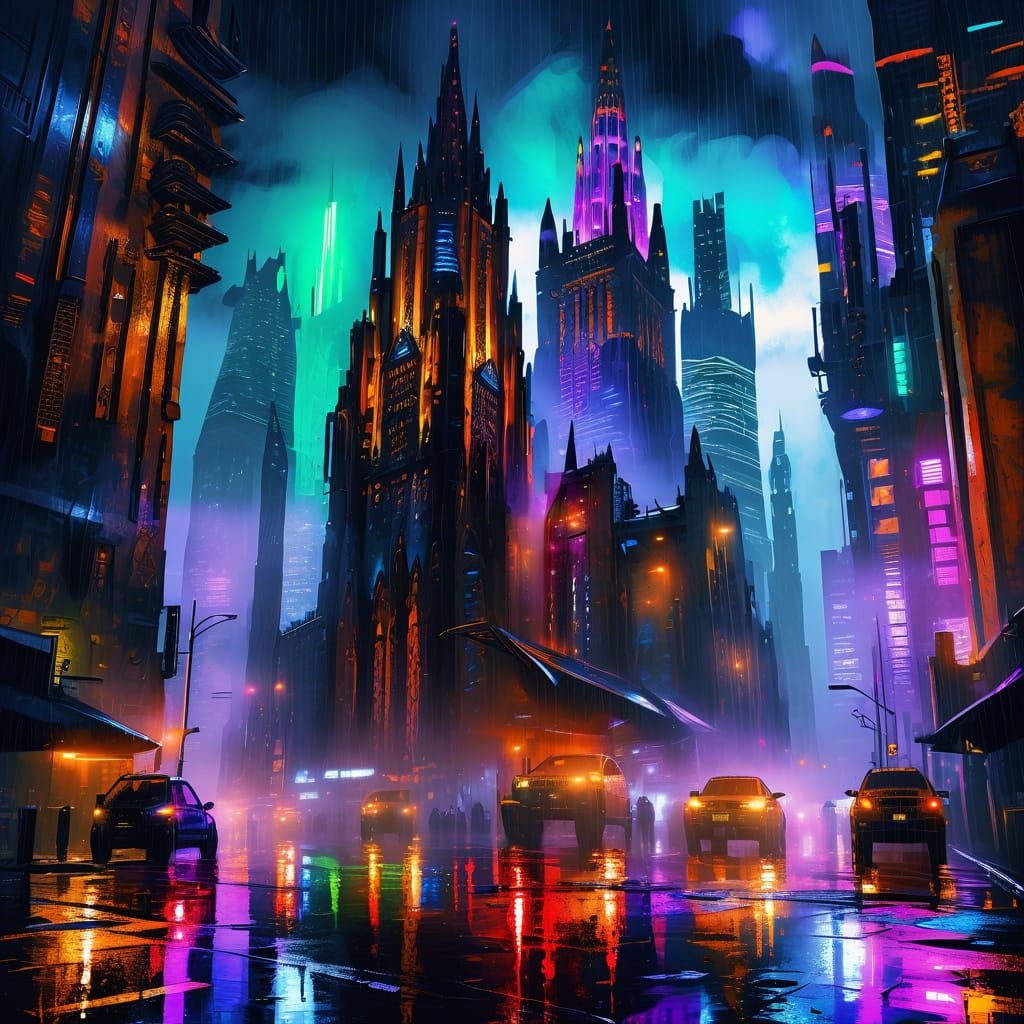 Dystopian Gothic Cityscape in Dark Fantasy Oil Painting