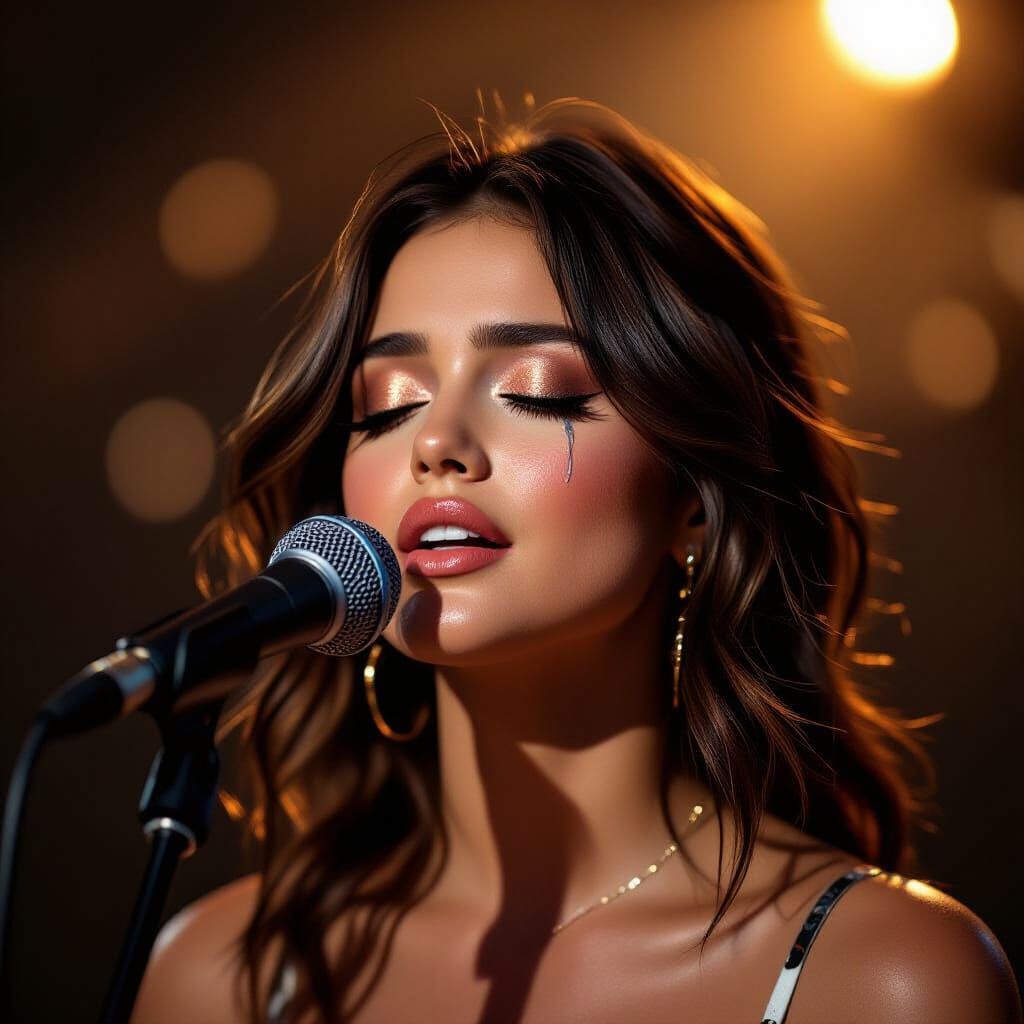 Selena Gomez Soulful Portrait with Stage Lighting