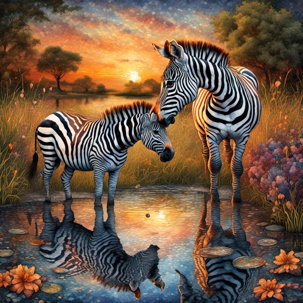 Zebras Drinking at Sunset on the Savannah