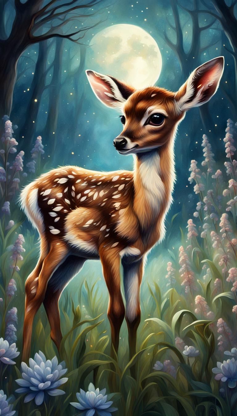 Fantasy Fawn in Moonlit Flower Forest Painting