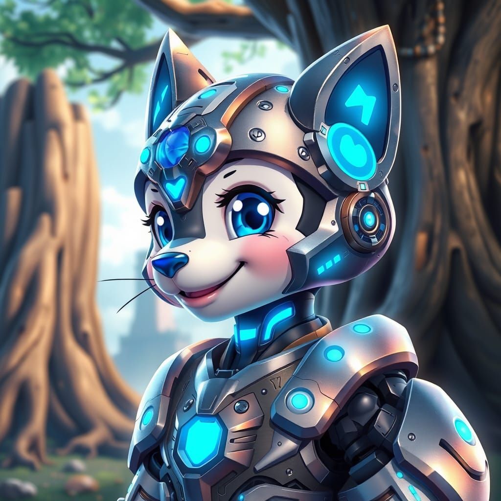 Mechanical Sphinx Portrait in Vibrant Anime Style