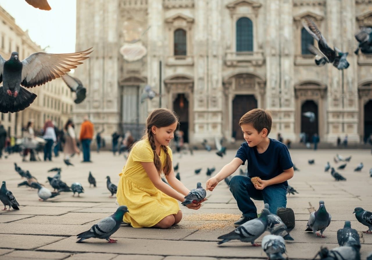 Children Interacting with Pigeons in a City Square