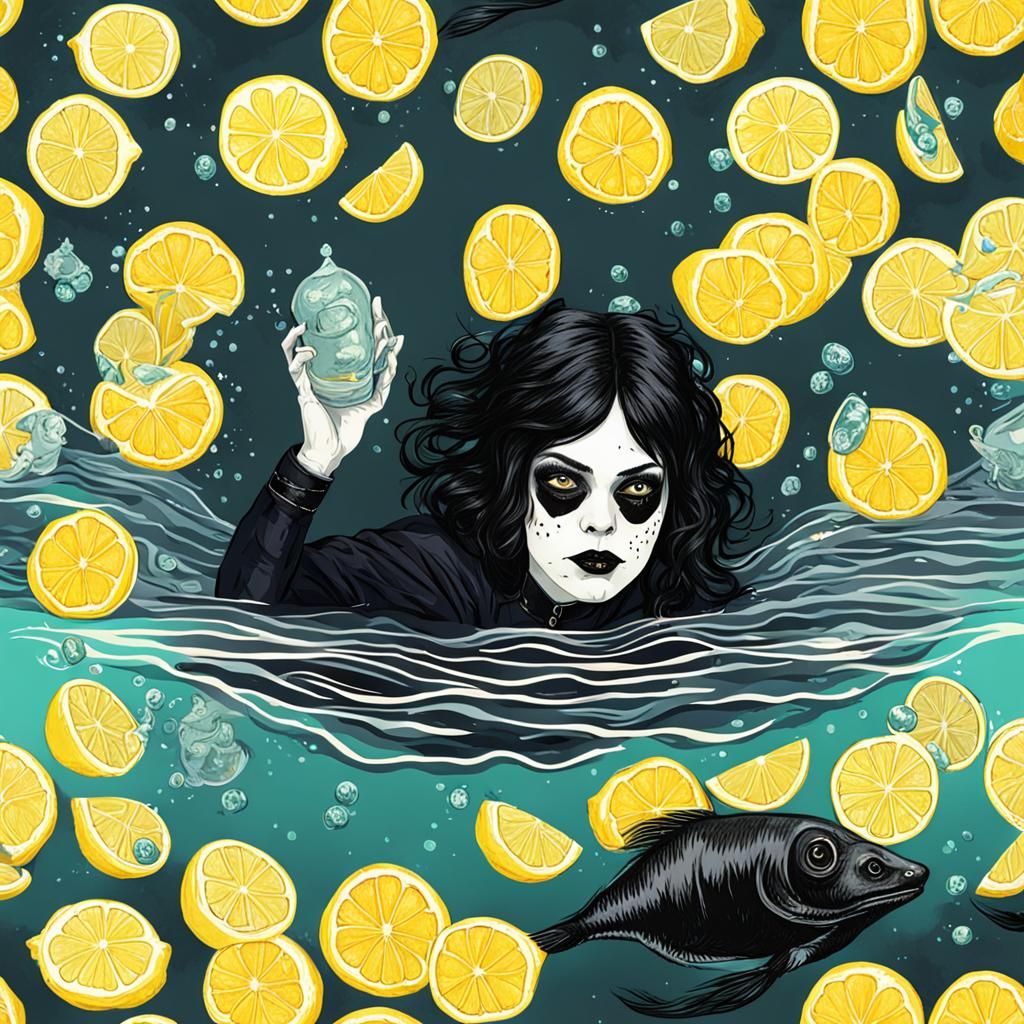 Goth Woman Swimming in Lemonade