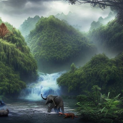 Solarpunk Jungle River Under Thunderstorm