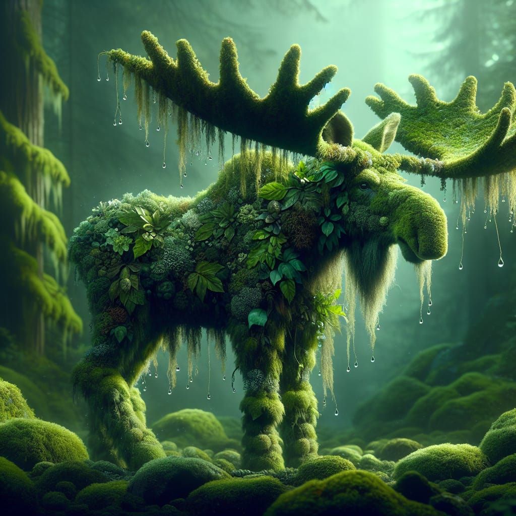 Moss Moose Creature with Foliage and Dew Drops