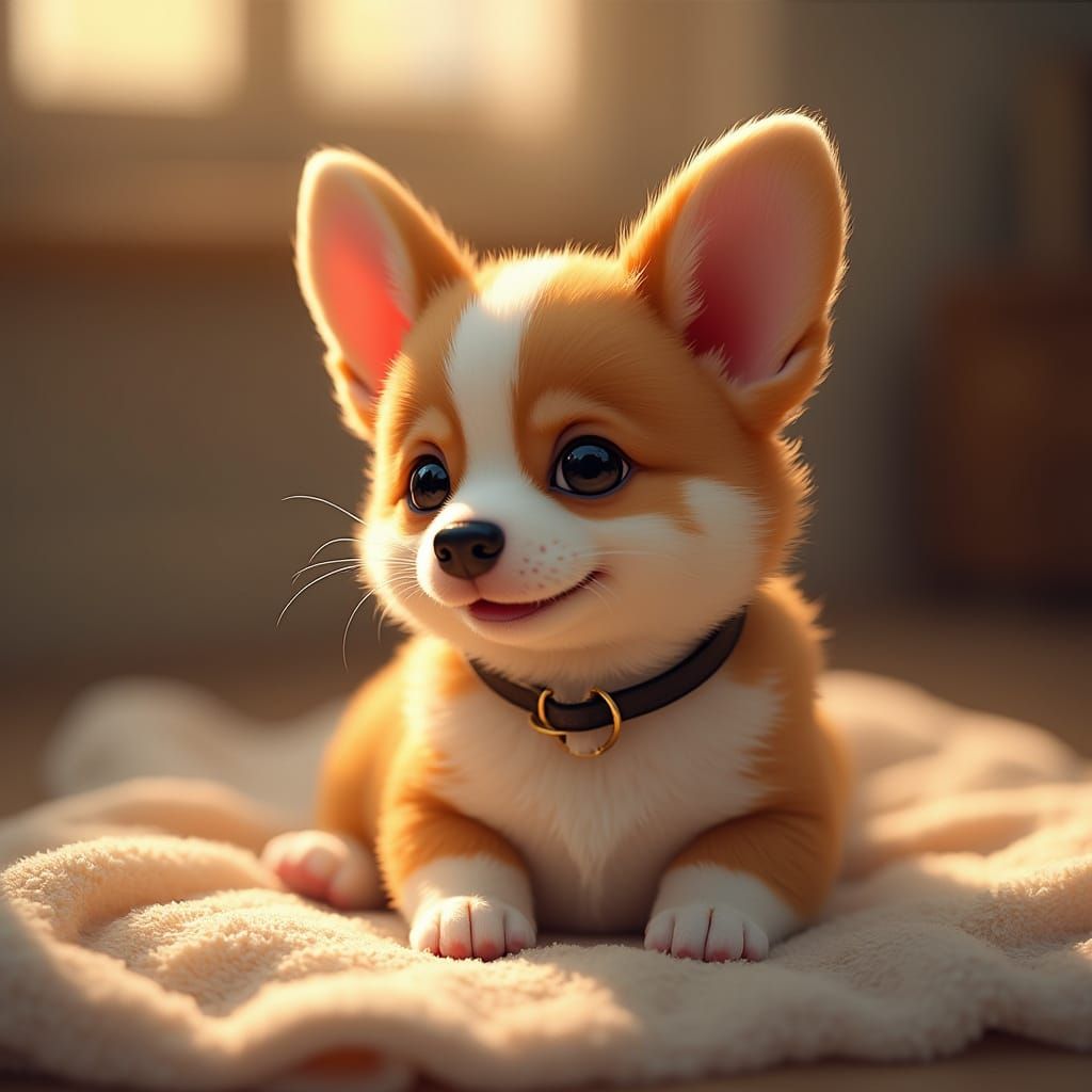 Cute Hyper Realistic Corgi Puppy on Cozy Blanket