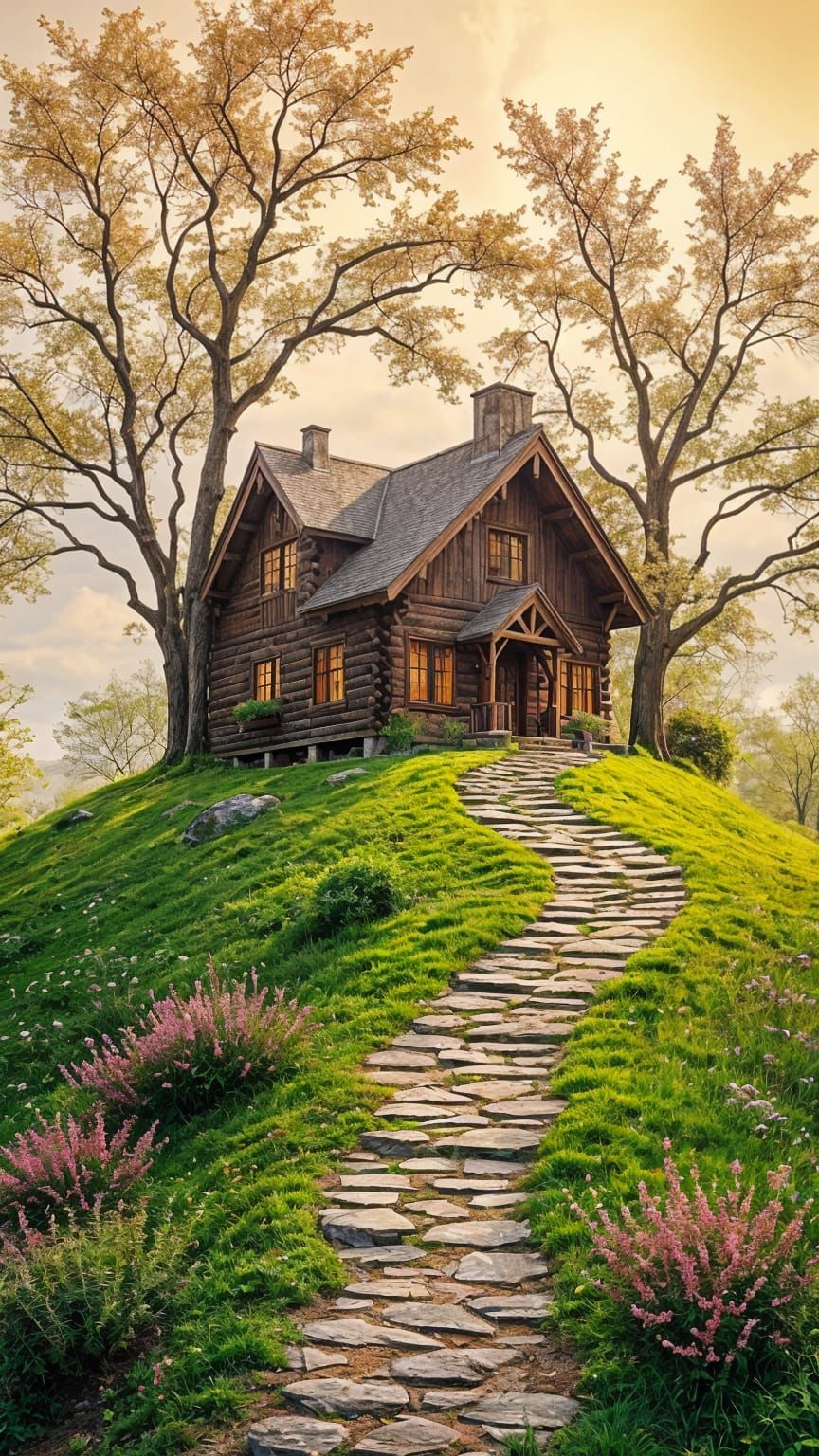 Wooden Hilltop Abode in Vibrant Evening Light