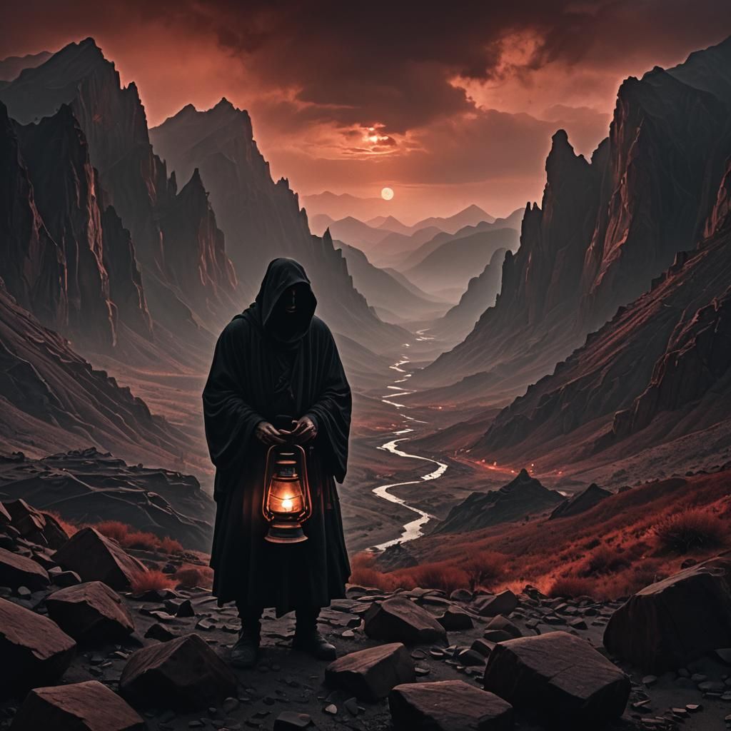 Eerie Lantern: Ghostly Figure in Dark Surrealism