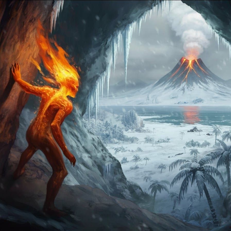 Frozen Island Vista: Fire Spirit in Magic Style
