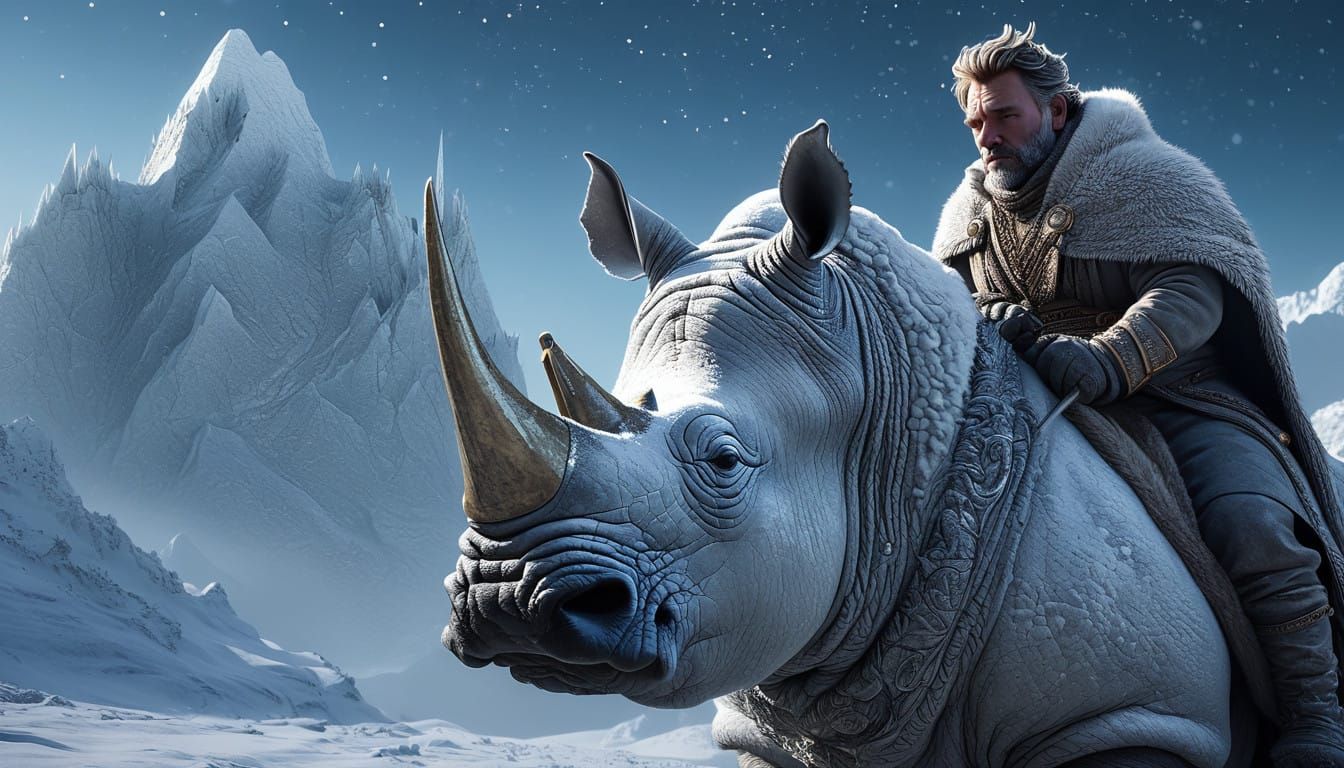 Winter King Rides Frost-Covered White Rhinoceros Through Sno...