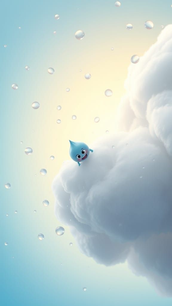 Tiny Raindrop Perched on Cloudy Edge in Vibrant Pixar-Inspir...