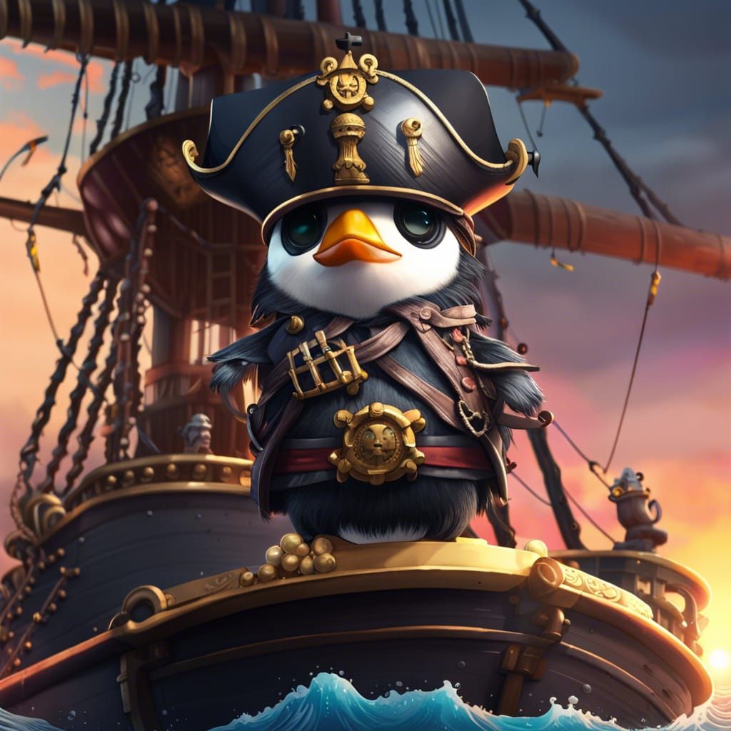Cute emperor penquine wearing a pirate helmet standing on th...