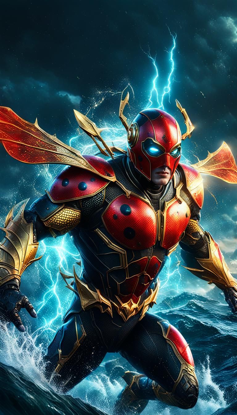 Ladybug-Aquaman Hybrid Flying Over Ocean