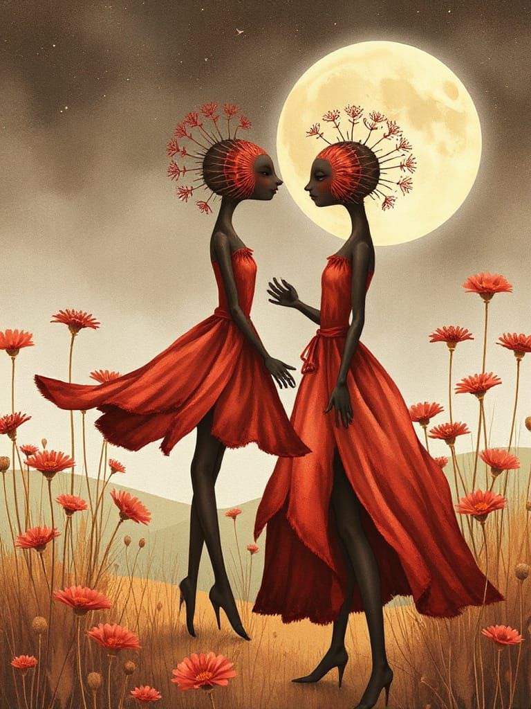 Dandelion Sisters in Moonlit Meadow, Watercolor Art