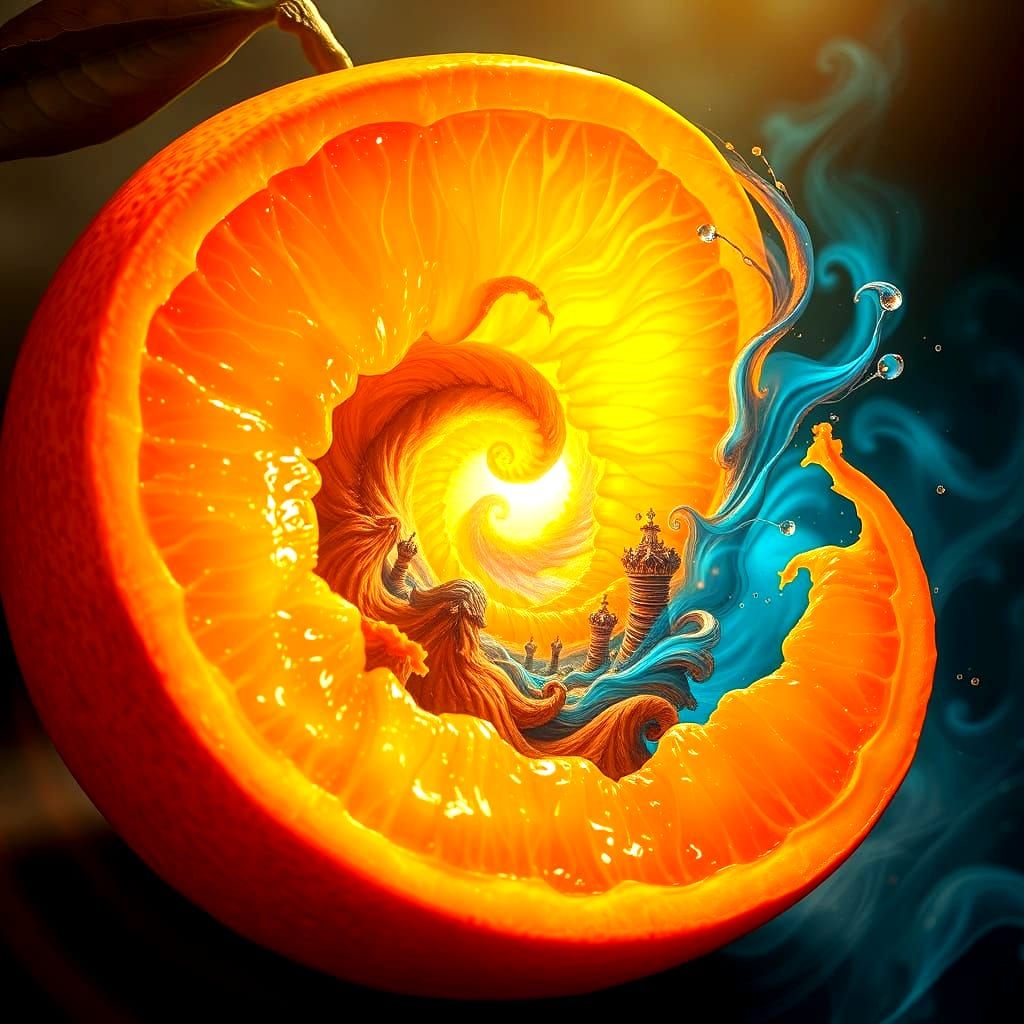 Vibrant Surrealist World Inside an Orange