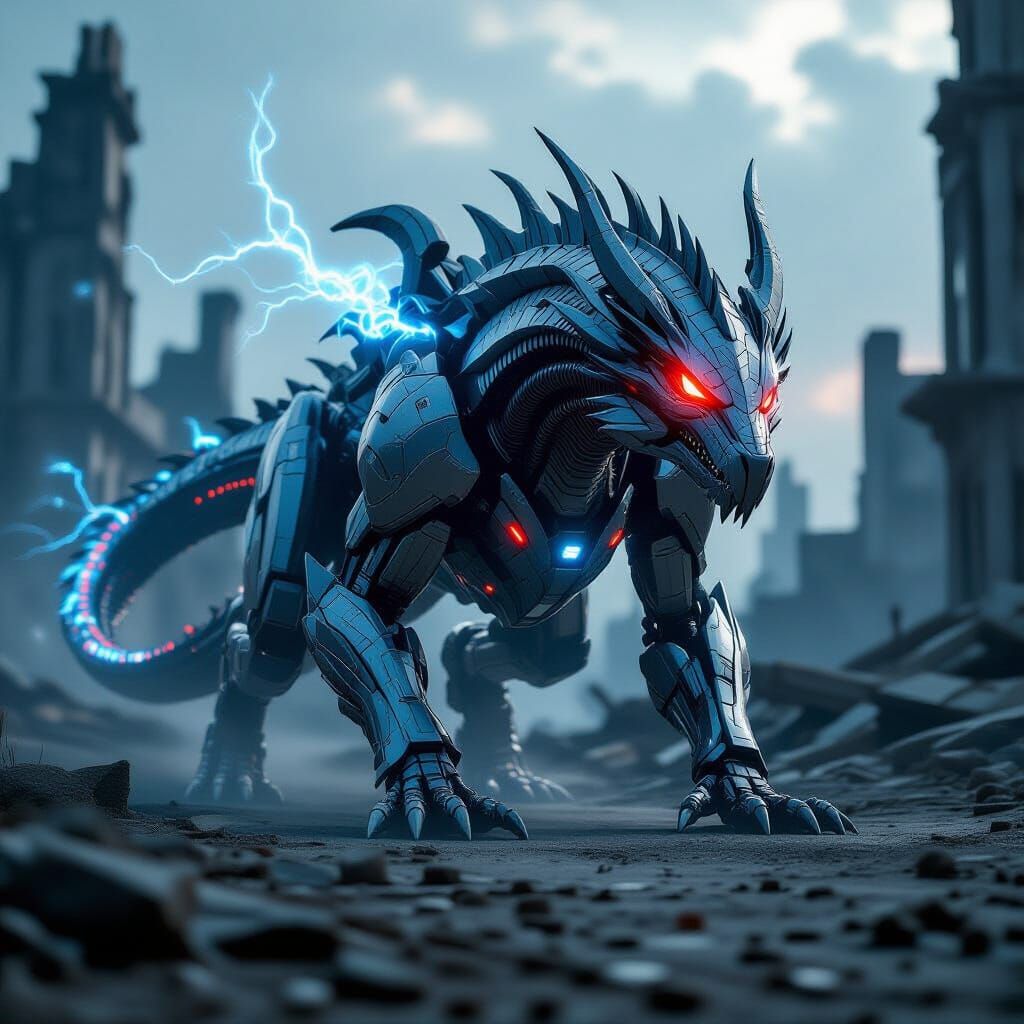 Robotic Dragon in Cybernetic Wasteland, Cinematic 8K