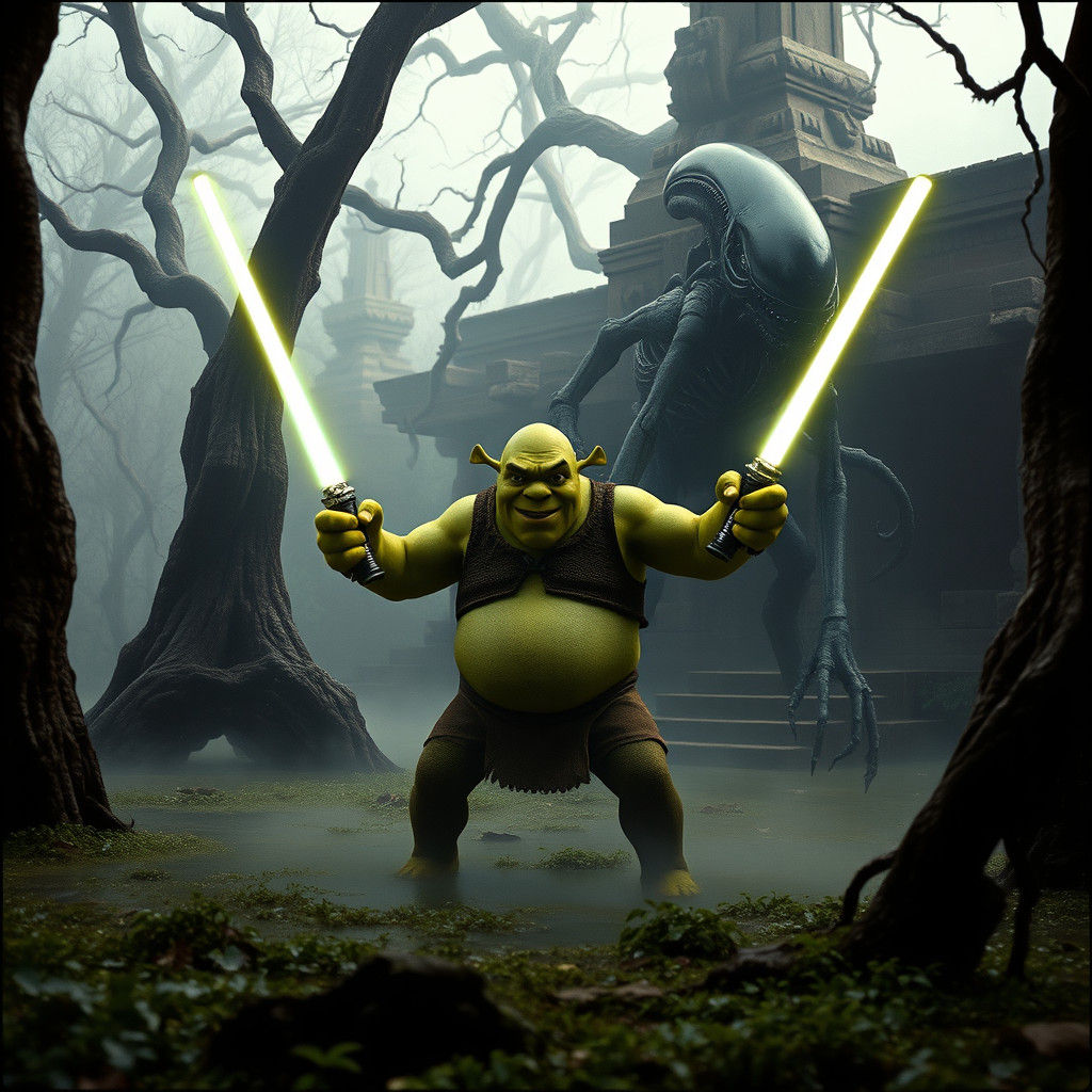Shrek Wields Lightsabers in Mystical Swamp Showdown